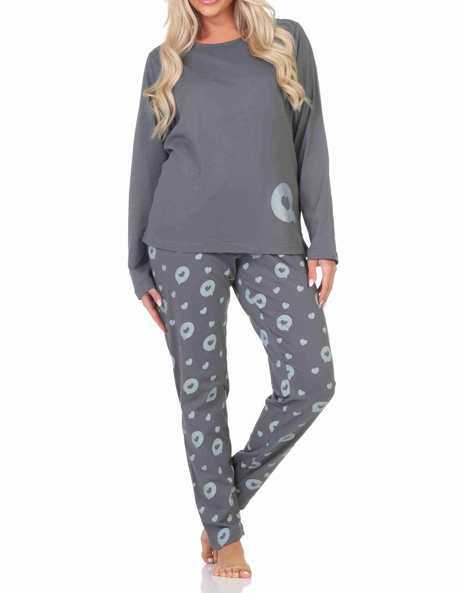 Normann dames pyjama lange mouw in hartjespolkadots look grau