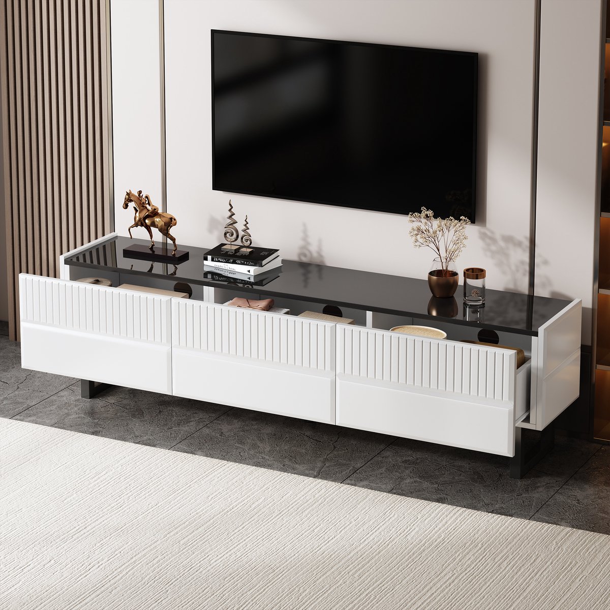 Tv meubel met drie lades - lage tv-meubel - zwart-wit ontwerp - 170 x 35 x 47 cm