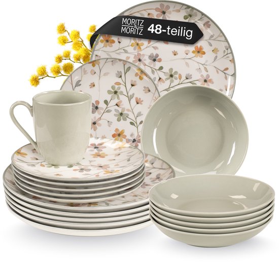 Moritz & Moritz PRIMAVERA Service de table 48 pièces pour 12 personnes – Ensemble d'assiettes Grès Gris – Service de table avec assiettes de dîner, assiettes à dessert, bols à soupe et tasses