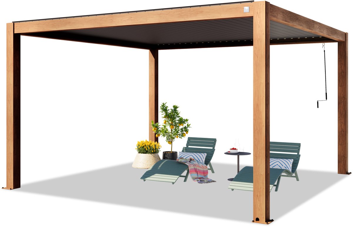 PRIMEYARD Pergola 4x4 m staanders van aluminium in houtoptiek met aluminium lamellendak paviljoen