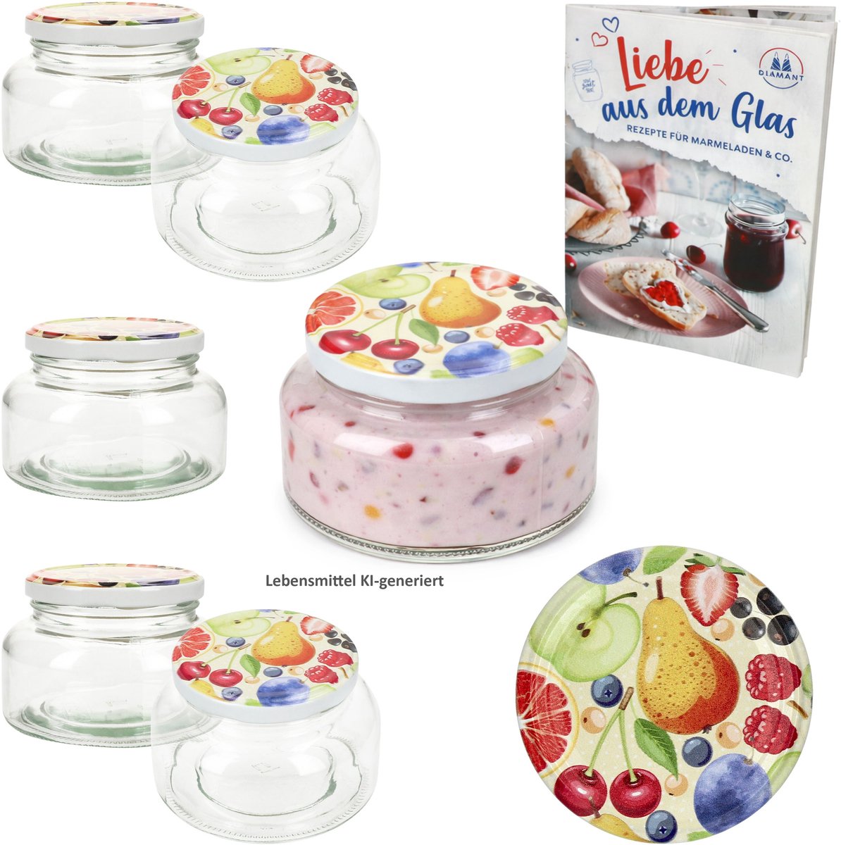 6-delige set yoghurtglas 435ml TO 82 Comic-Obst deksel incl. receptenboekje