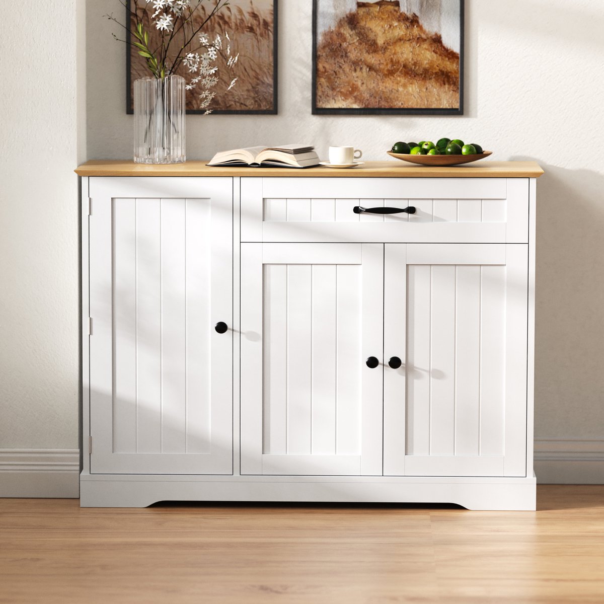 MODFU - Modern Dressoir - 3 Deuren En 1 Lade - Verstelbare Legplanken - MDF - Wit En Naturel