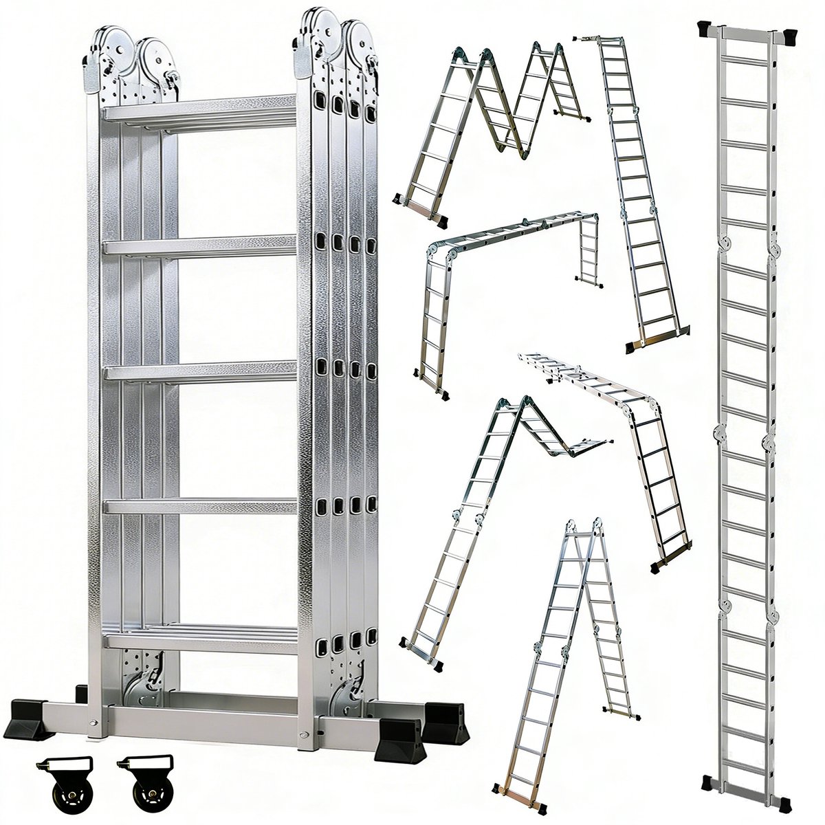 OUTIGO Multifunctionele ladder - 5,7 meter - 7 in 1 - opvouwbaar - aluminium - met 2 wielen - geschikt voor huishoudelijk gebruik - 20treden
