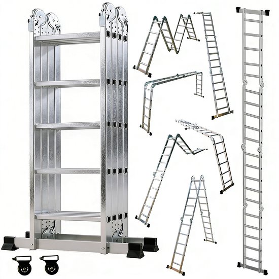 OUTIGO Multifunctionele ladder - 5,7 meter - 7 in 1 - opvouwbaar - aluminium - met 2 wielen - geschikt voor huishoudelijk gebruik - 20treden