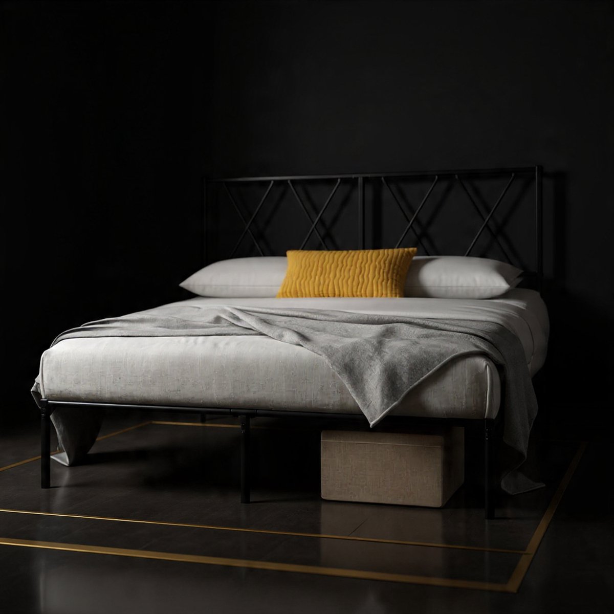 Vintage Metal Bedframe Elias – 140x200 cm – Modern Metalen Bed met Stijlvol Hoofdeinde, Met Lattenbodem, 30 cm Opbergruimte Onder Het Bed, Zwart – Geen Boxspring Nodig - House&Garden