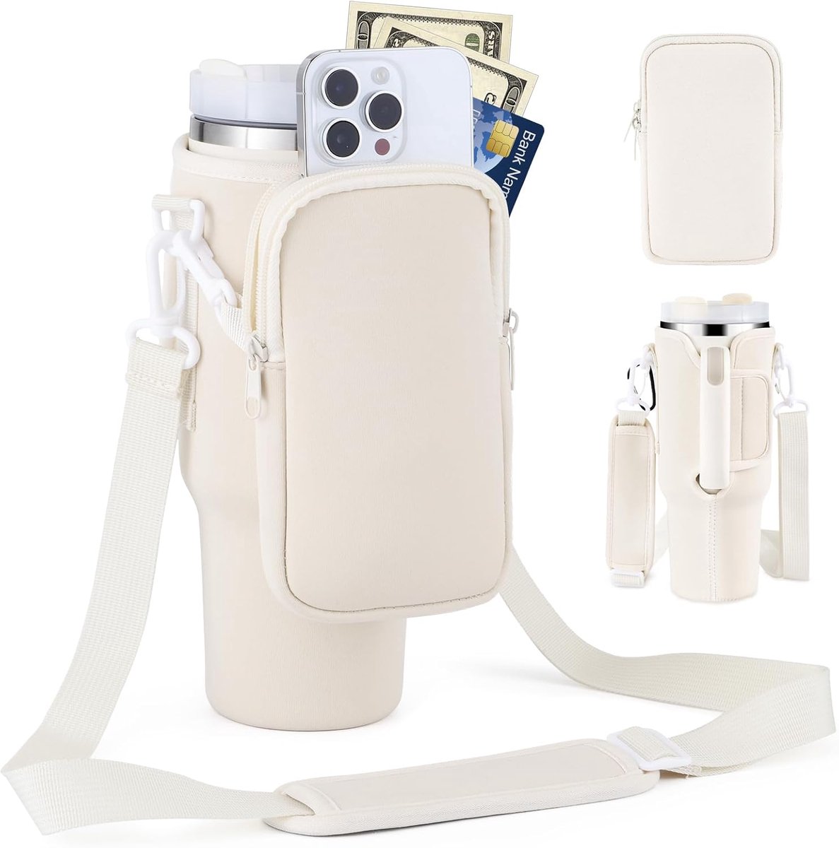Bottle Holder with Bag, voor thermos Flask with Straw and Lid, Water Bottle Holder with Adjustable Strap, Suitable for Hiking, Running, Cycling, Cream