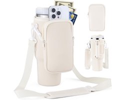 Bottle Holder with Bag, voor thermos Flask with Straw and Lid, Water Bottle Holder with Adjustable Strap, Suitable for Hiking, Running, Cycling, Cream