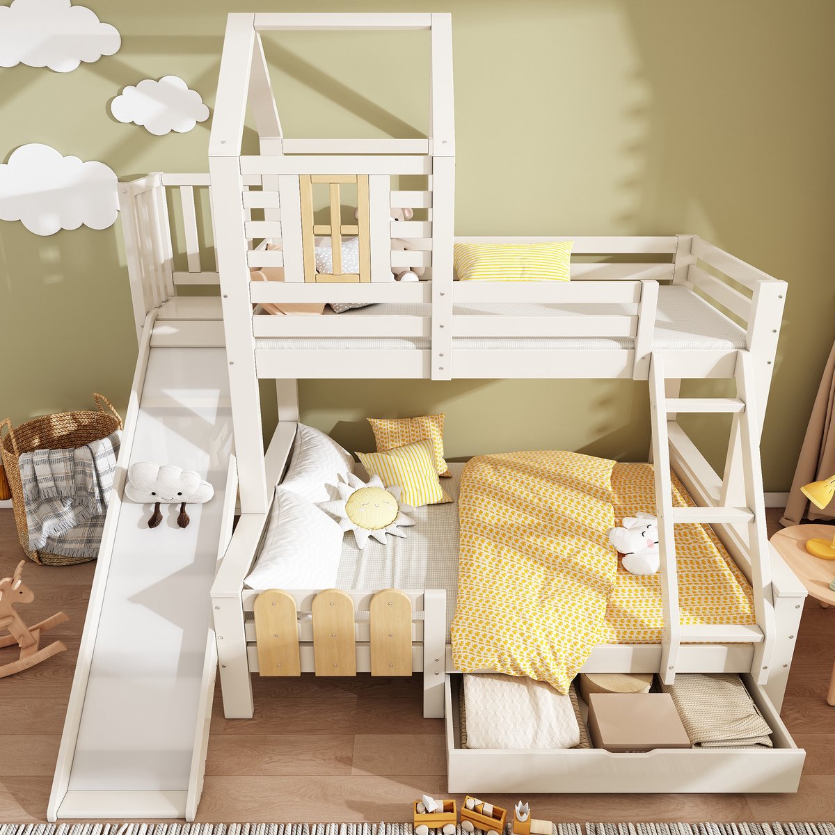 OKWISH Stapelbed 90x200cm En 140x200cm – Blokhut Ontwerp Met Glijbaan En Ladder – Met Opberglade – Voor Kinderkamer – Metaal En Hout – Wit – Zonder matras