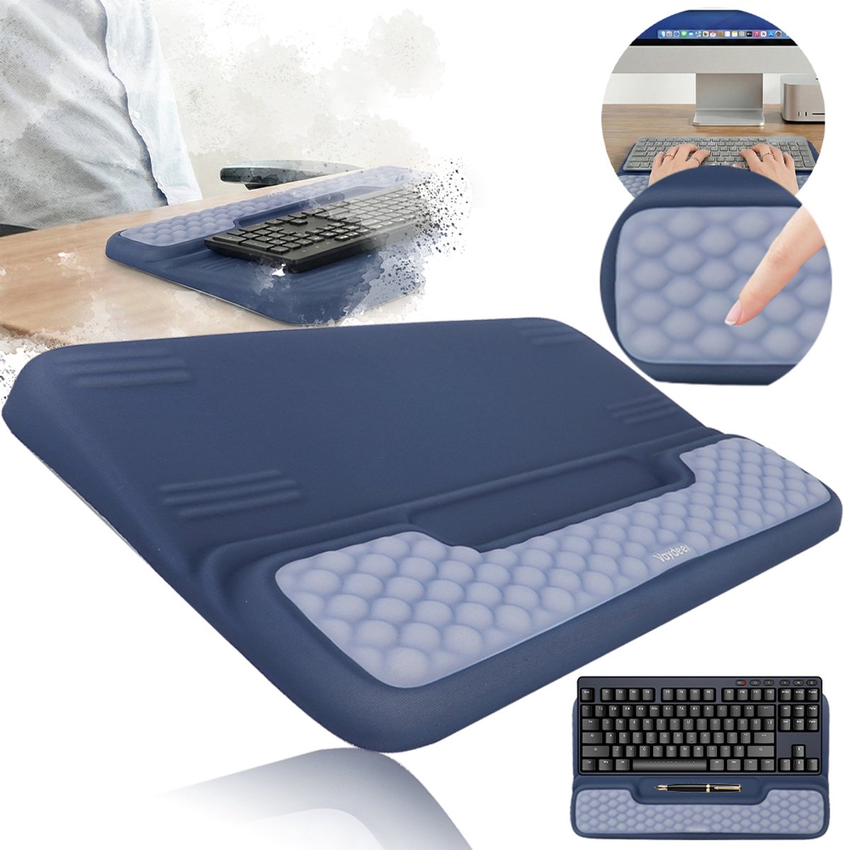 Polssteun - Polssteun voor toetsenbord - Ergonomische Polssteun voor Toetsenbord - Toetsenbordmat - 43*21.6*3.2/2cm - Blauw Geheugenschuim & Antislip - Met Verborgen Opbergruimte