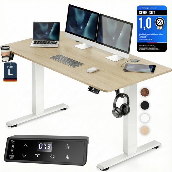 Bureau assis-debout Casaria - Réglable électriquement USB 140x60cm – Beige