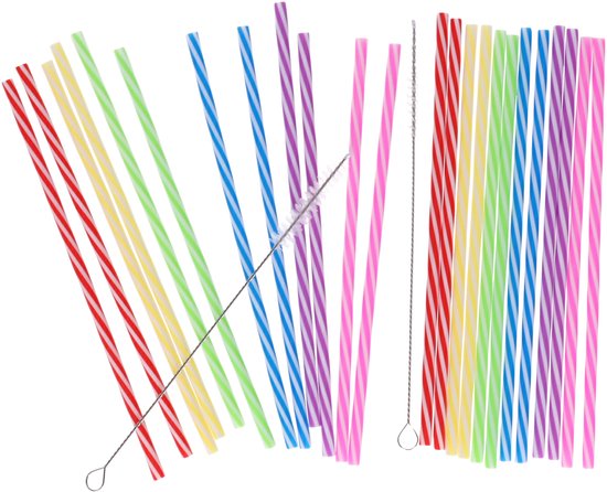Een set van 72 herbruikbare rietjes in de kleuren rood, geel, groen, blauw en paars, met een schoonmaakborsteltje.