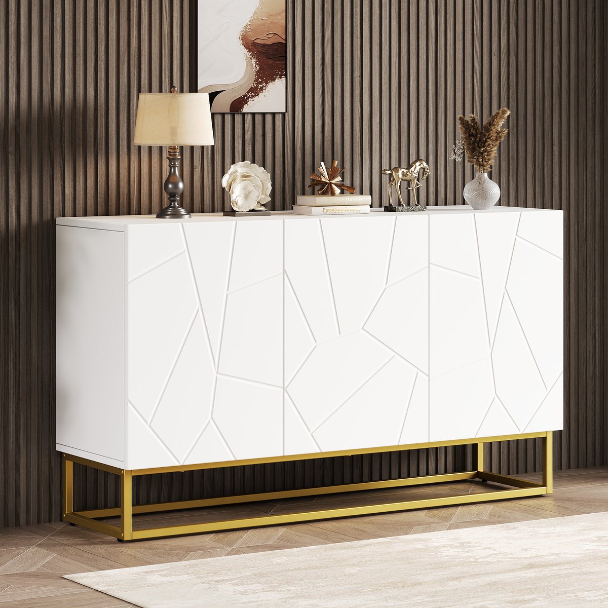 STILVORA Dressoir - Hoogglans Geribbelde Front Met Verstelbare Planken - Voor Woonkamer Eetkamer En Hal - Spaanplaat Wit;Goud - 130x38x76 Cm