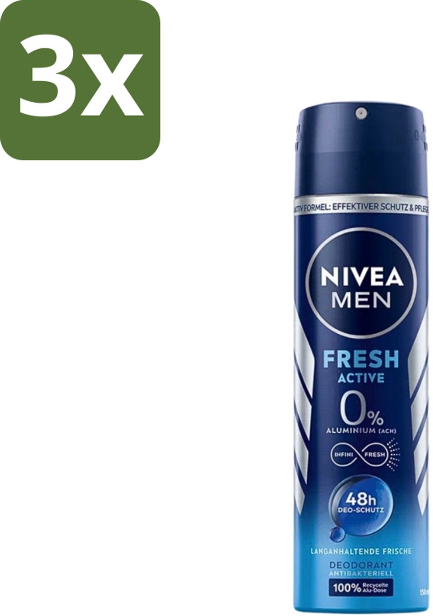 Nivea - Men - Deo Spray - Fresh Active - 48 Uur Lang Werkend - 150 ml - Bulkverpakking - 3 stuks