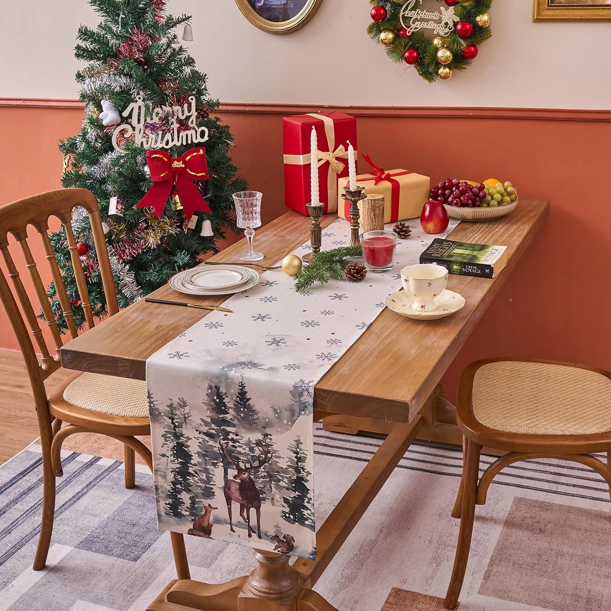 Linnen Tafelloper Kerst met Rendier en Sneeuwval - Warm Winter Decoratie