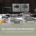 Een keuken met diverse zilverkleurige roestvrijstalen pannen en kookgerei op het aanrecht.