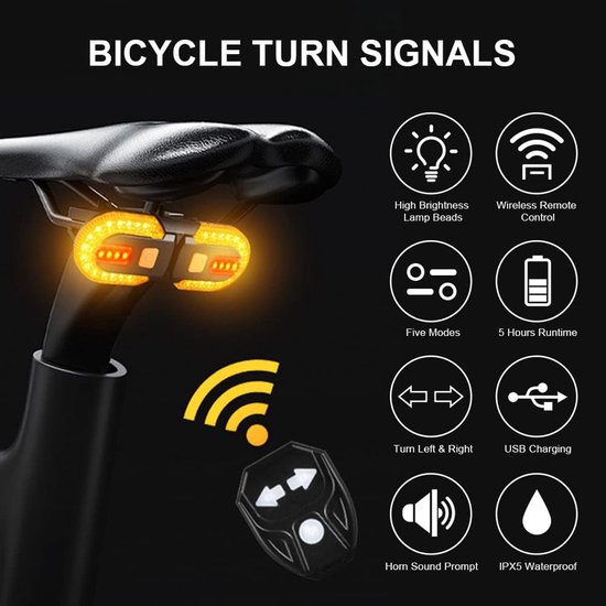 Bike Turn Signals Front Rear - IPX5 Waterproof - Wireless Remote - USB Rechargeable - for MTB Bicycle Scooter — afbeelding 4