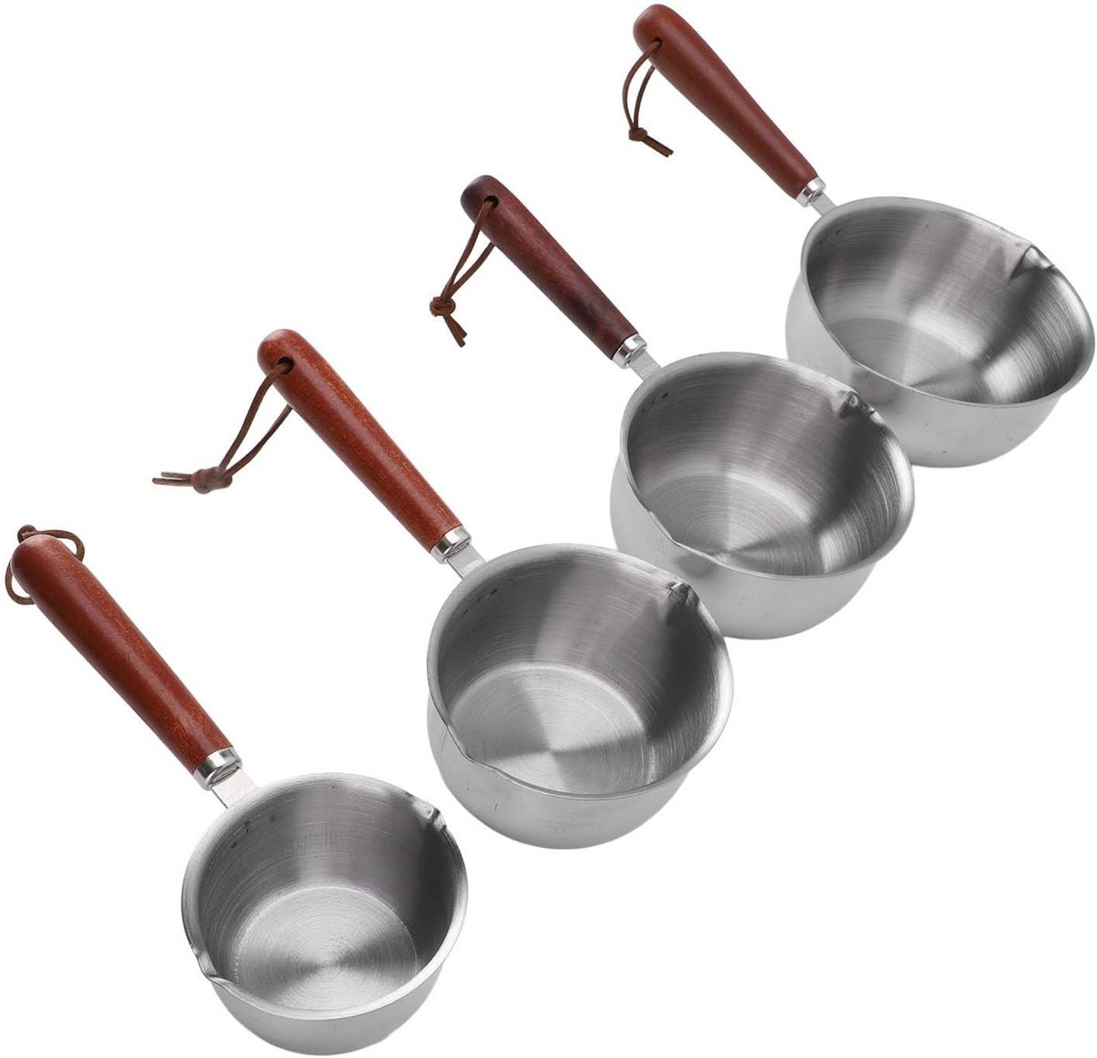 Set van 4 Melkpannetjes met Schenktuit en Houten Handvat van Roestvrij Staal