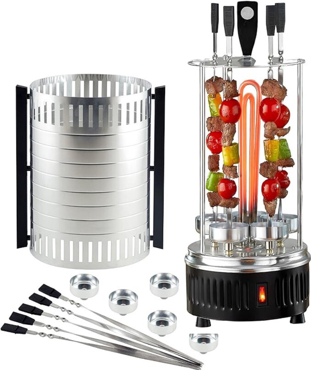 Florixa® Kebab Grill – Verticale Grill Inclusief 5 Kebab Spiezen – Donorgrill Met Opvangbakjes – Roestvrij Staal - 25cm x 25cm x 50cm