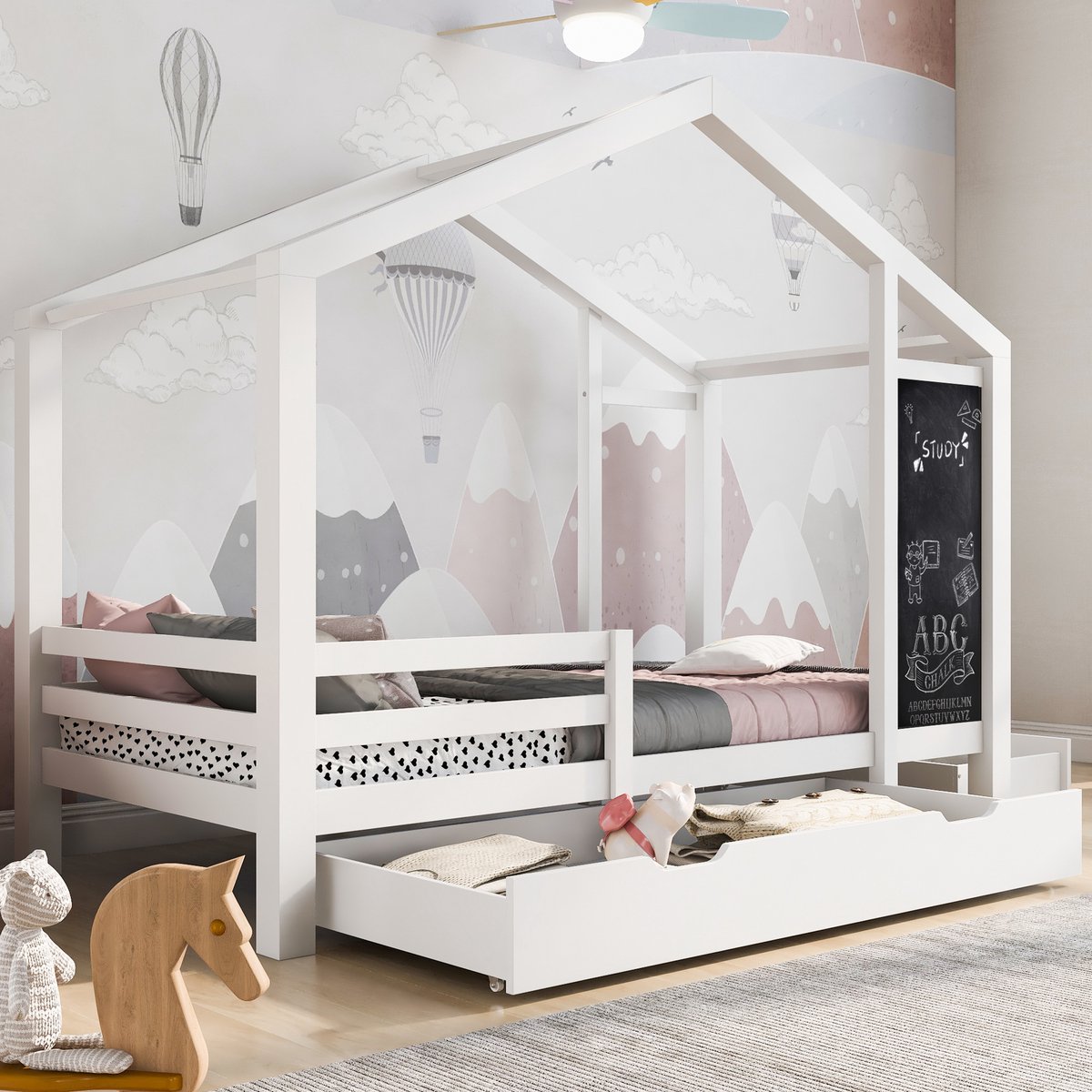 FloraGrace Huisbed 90x200 Cm – Kinderbed Met Krijtbord – Met 2 Opberglades – Met Lattenbodem En Driezijdige Uitvalbeveiliging – Massief Hout – Zonder matras – Wit