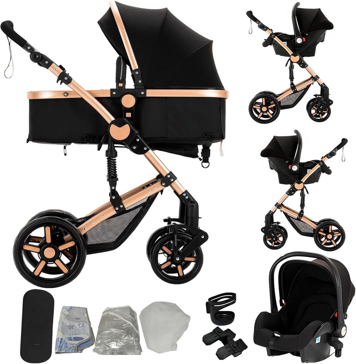 3-in-1 Kinderwagen Set Hoge Kwaliteit Stoffen Reversible Zitstand