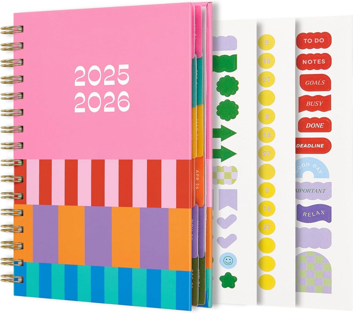 Academische Planner 2025-2026 voor Studenten: Week- en Maandoverzicht met Kleurrijke Tabs en Stickers