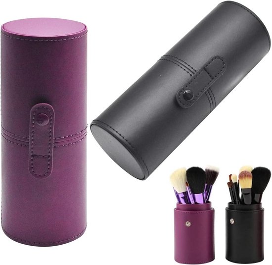 Make-up borstelhouder van kunstleer - Set van 2 - Voor op kantoor of make-uptafel - Zwart en paars - Organisator voor cosmetica en penselen
