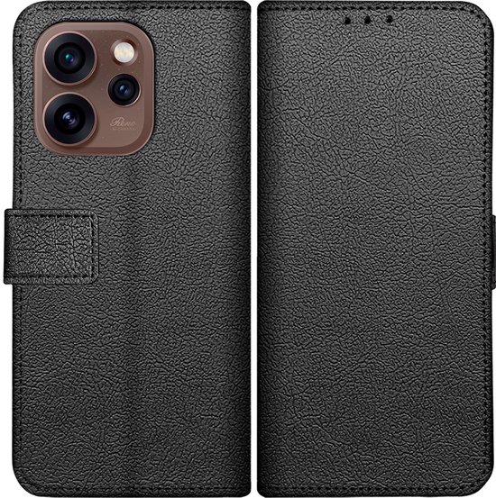 Zwarte, lederen bookcase voor Oppo telefoon met drievoudige camera en magnetische sluiting.
