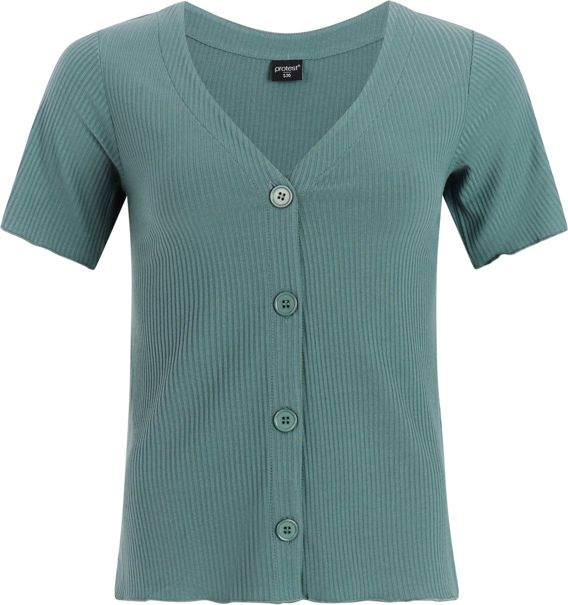 Protest PRTOval T-shirt Dames Korte mouwen V hals Knoopsluiting Crème Groen