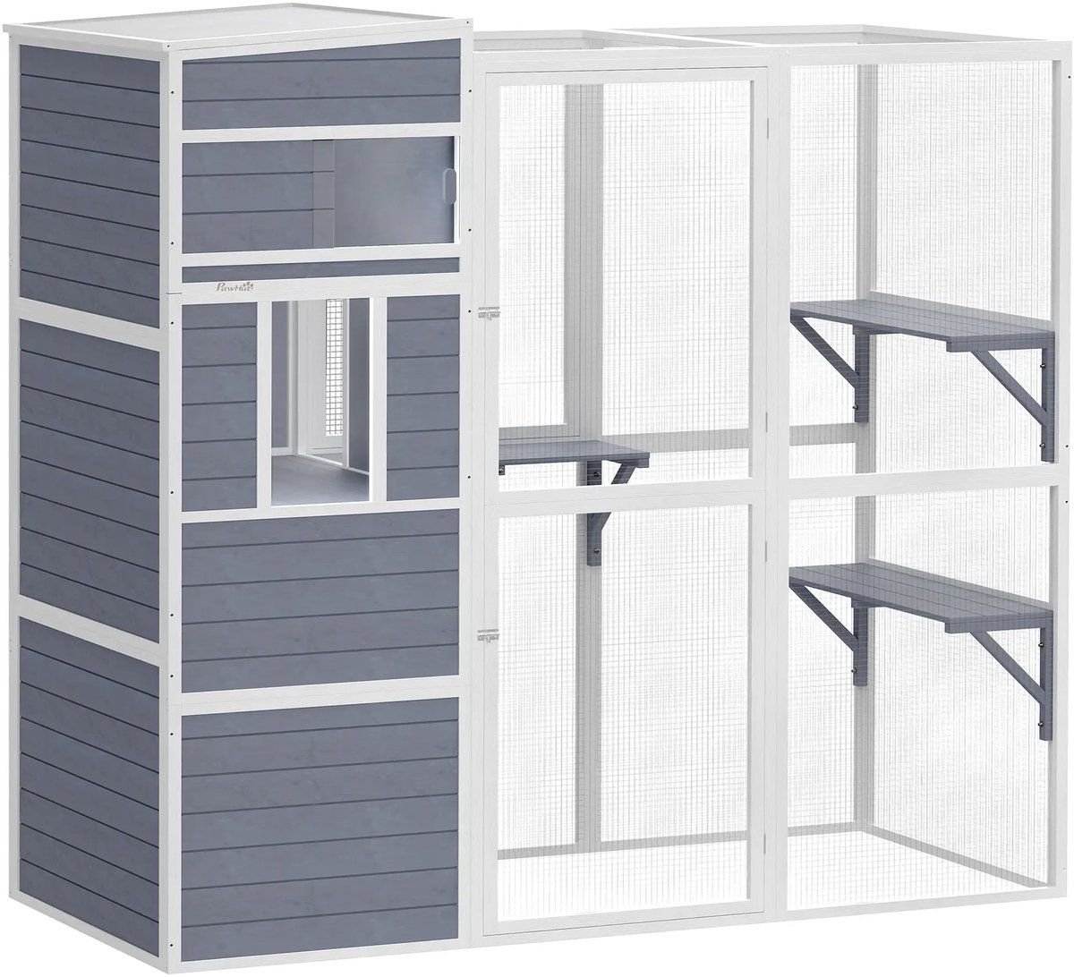 Kattenhuis - Voor buiten - Hok - Kooi - Bench - Ren - 2 verdiepingen - duurzaam - Grijs+Wit
