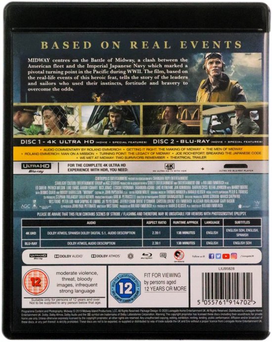 Achterkant van de Blu-Ray-hoes van Midway met informatie over de film en cast, inclusief afbeeldingen van scènes.