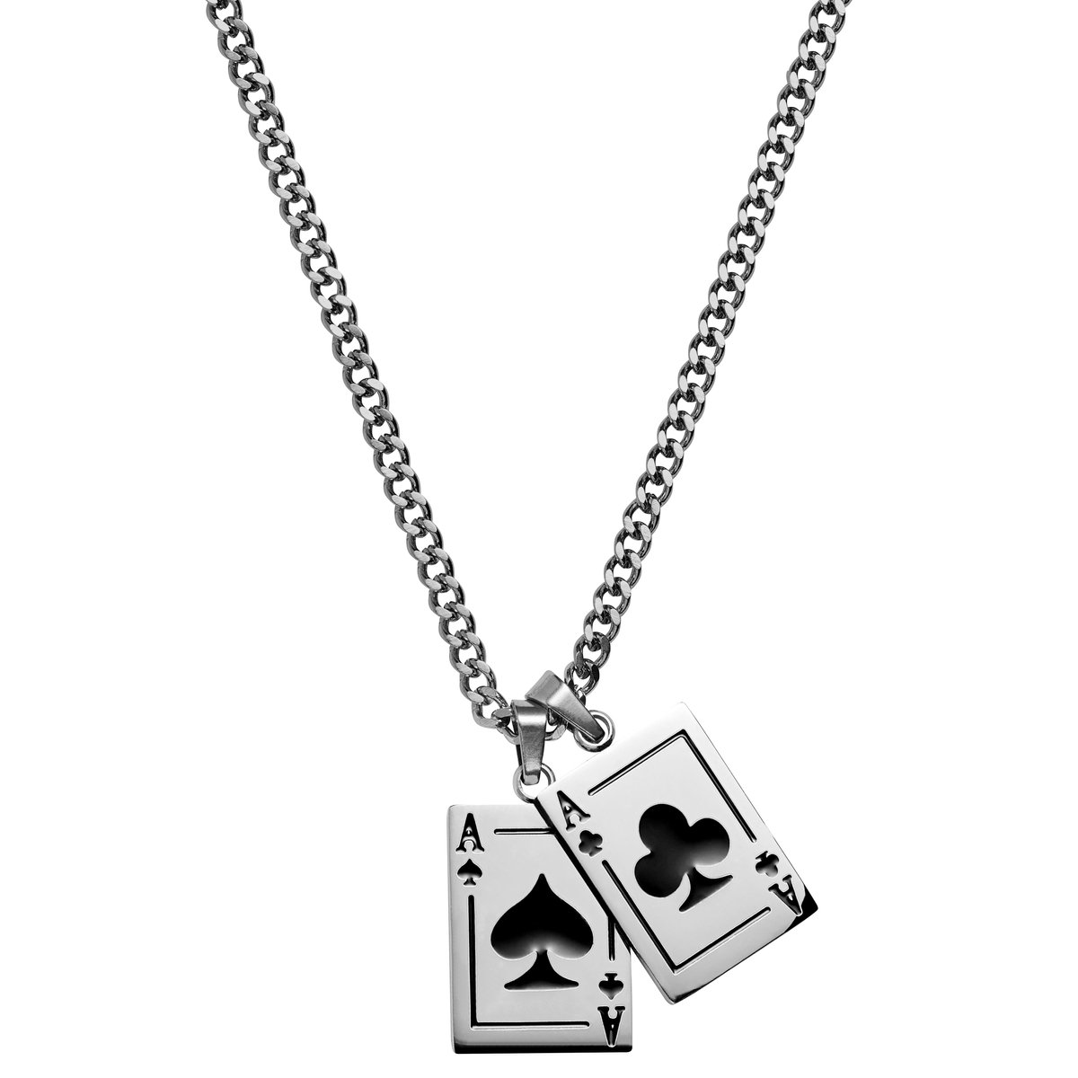 Ace | Zilverkleurige Ketting met Dubbele Hanger van Paar Zwarte Azen