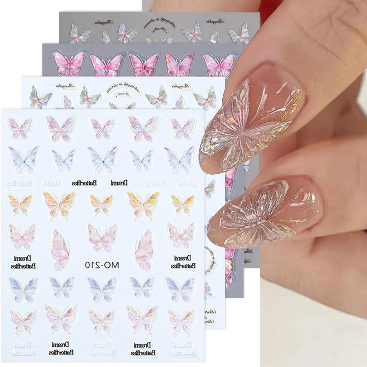 Vlinder Nagelstickers - 4 vellen, 5D reliëf, Aurora design, roze glanzend