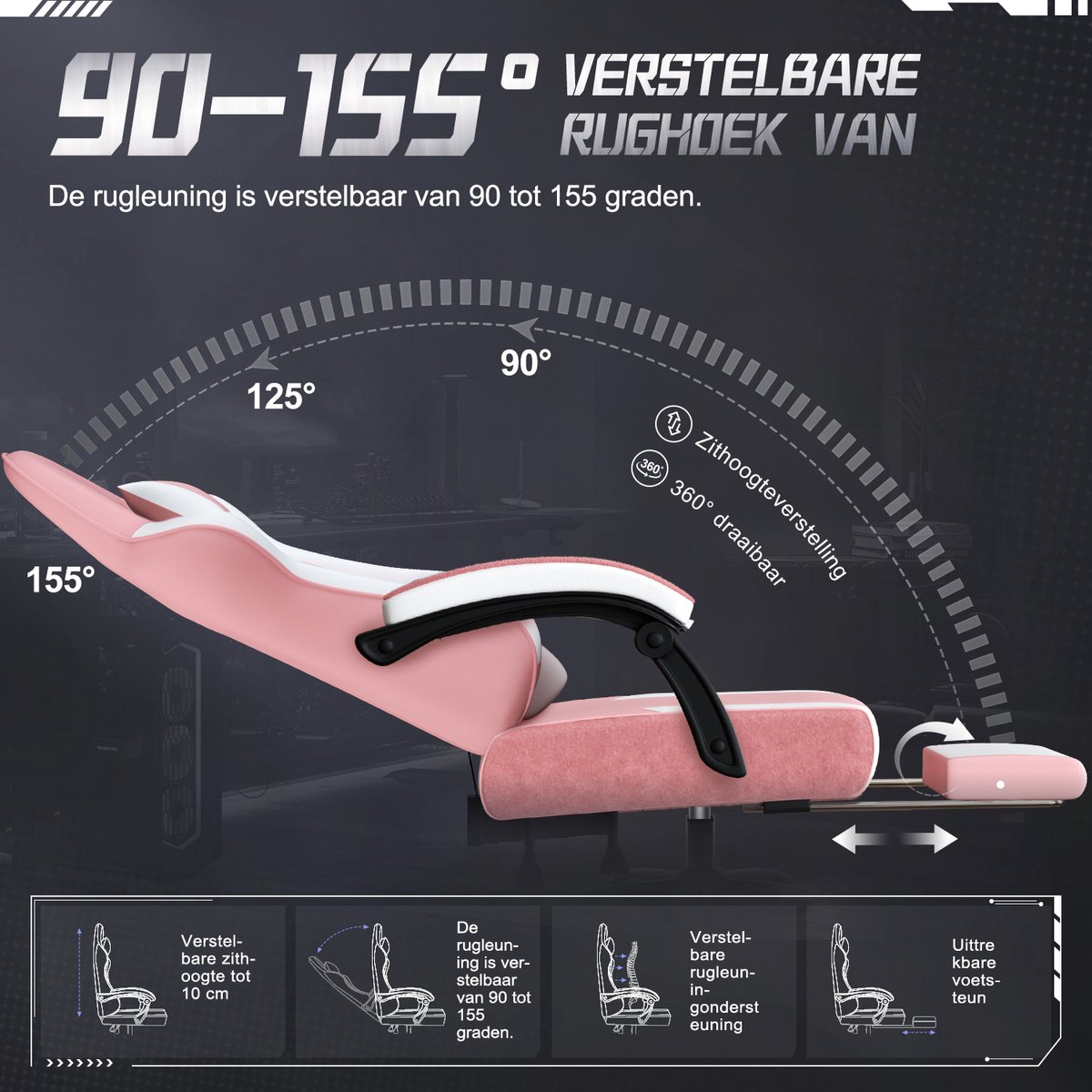 Hiaonyx Gaming Stoel Roze 170° Verstelbare Rugleuning - afbeelding 2