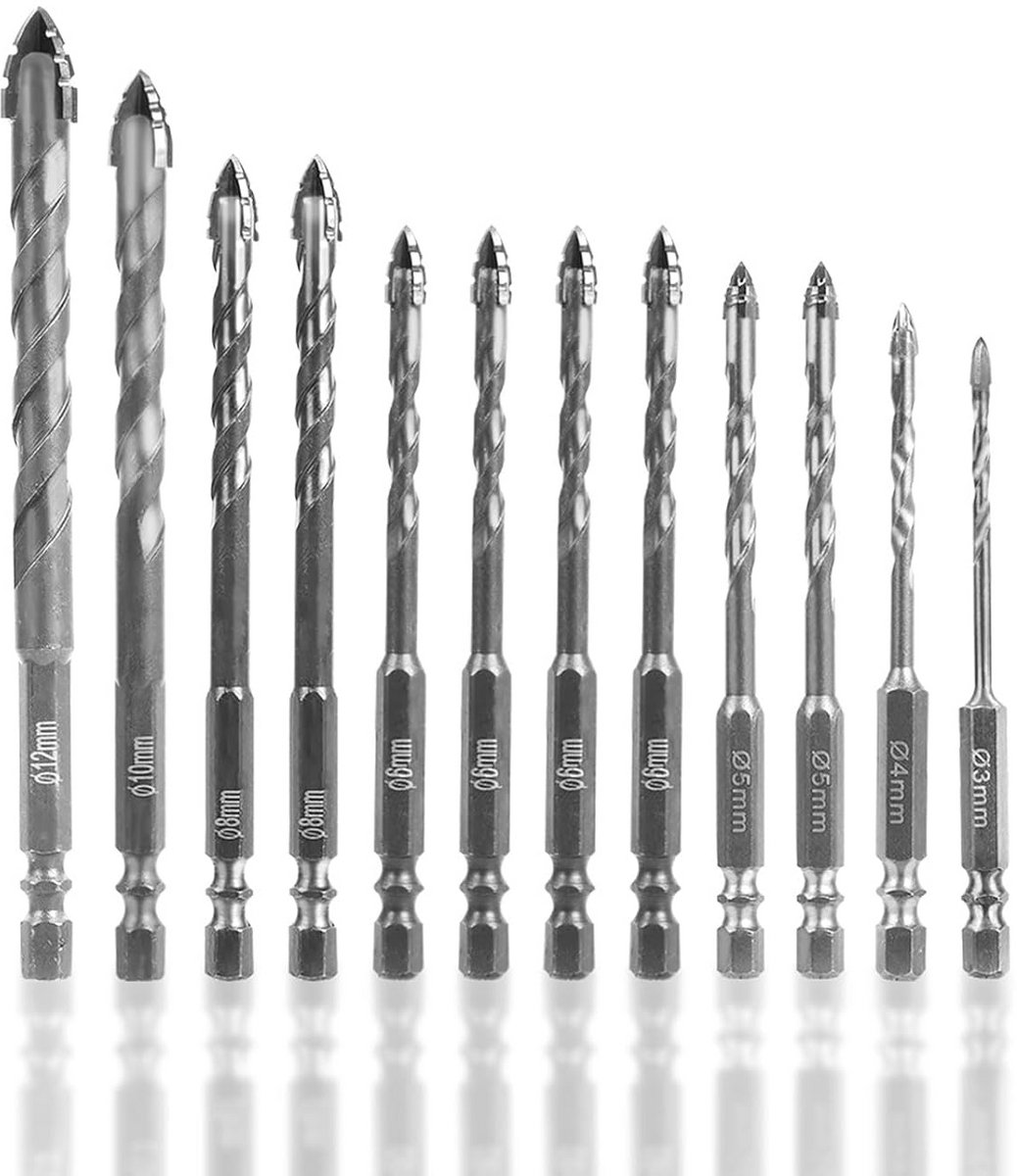 12-Delige Set Hardmetalen Steenboor / Betonboor 3 t/m 12mm - Zaagtand Schroefboor voor Tegels & Steen