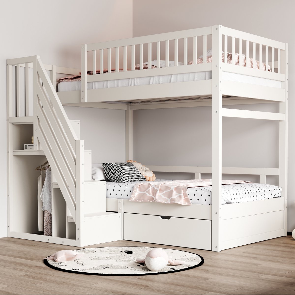 Wishdor Stapelbed 90x200 cm - Opbergladder - Lade Onder Bed - Lattenbodems Inbegrepen - Massief Hout - Wit