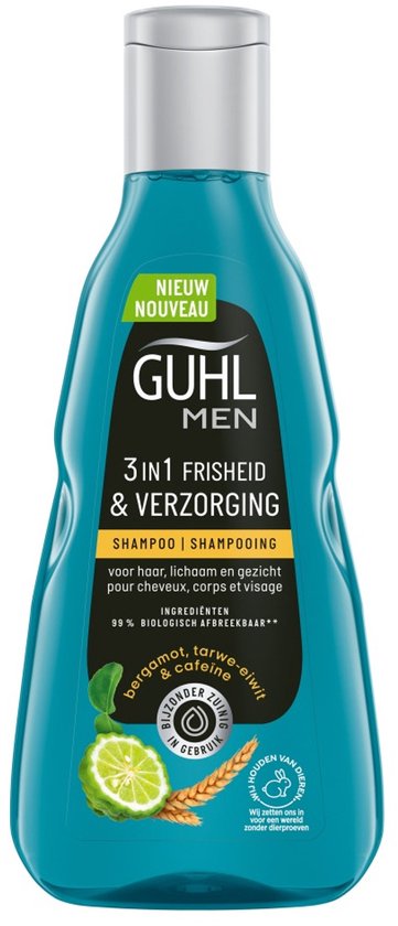 Blauwe Guhl Men 3-in-1 fles met groene en gele accenten. Bevat bergamot, tarwe-eiwit & cafeïne.