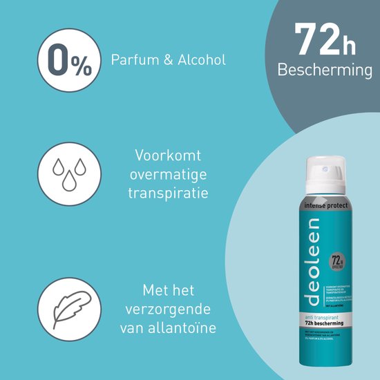 Deoleen Intense Protect - Voorkomt overmatige transpiratie en transpiratiegeur - 72 uur effectief - 0% parfum & 0% alcohol - Dermatologisch getest - Met allantoïne, verzorgend en verzachtend - 150 ml
