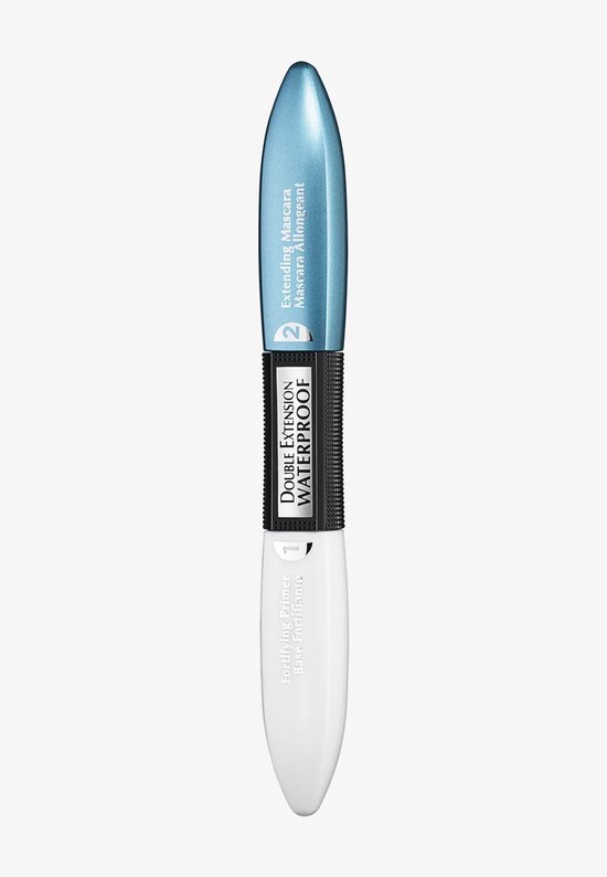Dubbele mascara met aan de ene kant een witte primer en aan de andere kant een blauwe waterproof verlengende mascara.