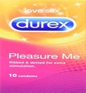 Durex Pleasure Me verpakking met golvende lijnen in roze en gele tinten, met "love sex" en "durex".