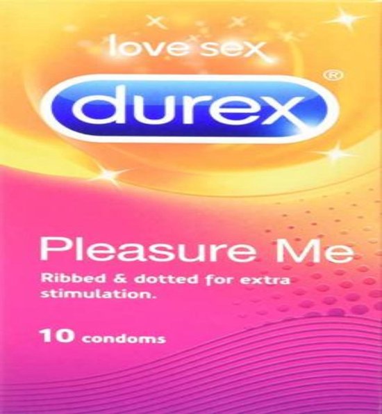 Durex Pleasure Me verpakking met golvende lijnen in roze en gele tinten, met "love sex" en "durex".