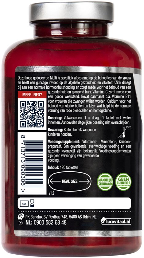 Achterkant van een rode pot met 120 tabletten. Bevat informatie over het product, ingrediënten en dosering. 'REAL SIZE' is aangegeven.