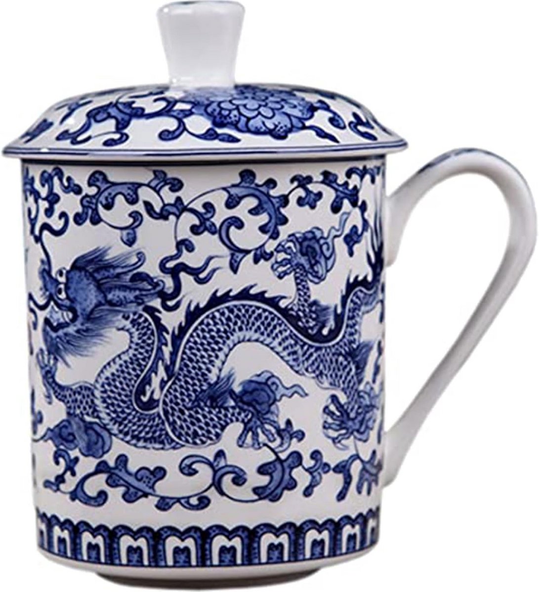 Grote Keramische Theemok 500ml met Deksel en Hendel Blauw Wit