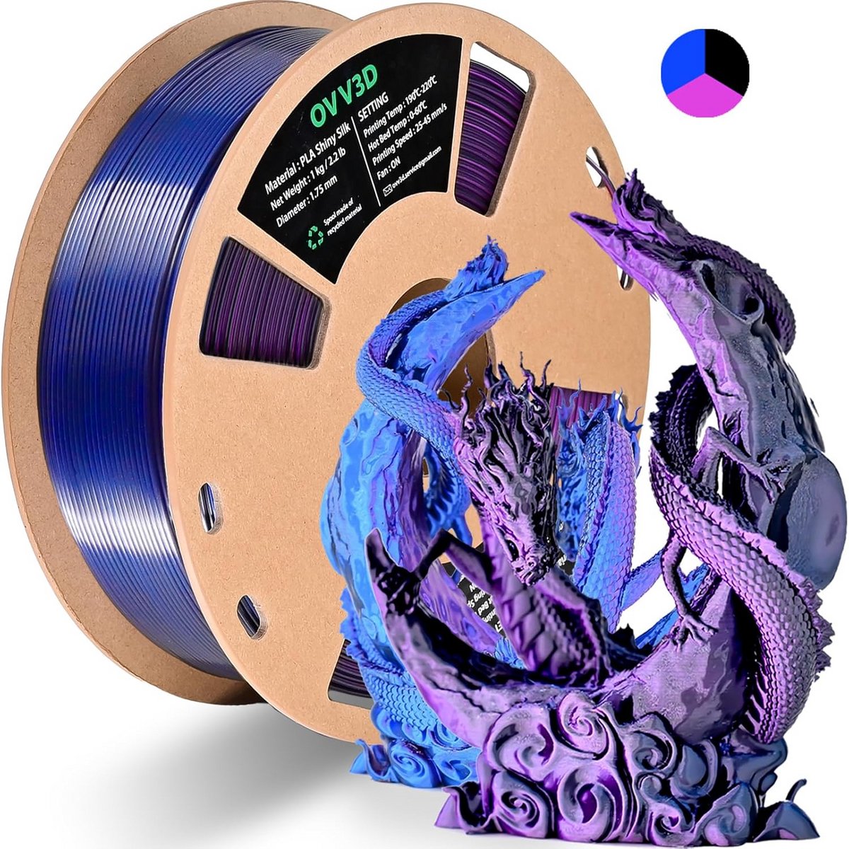 Zijdeachtig PLA 3D Printer Filament 1.75mm Driekleurig Zwart Paars Blauw 1kg
