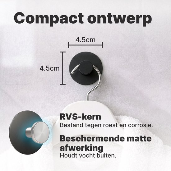 Zwarte ronde haak met RVS-kern, 4.5x4.5cm, met beschermende matte afwerking.