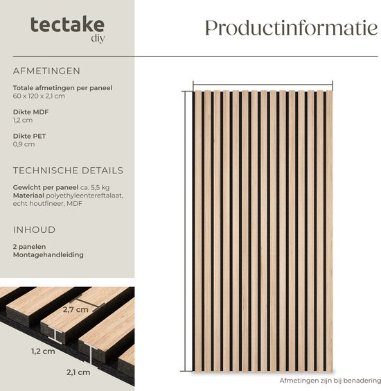 Afmetingen van het akoestische paneel: 60 x 120 cm, dikte MDF 1,2 cm, dikte PET 0,9 cm.