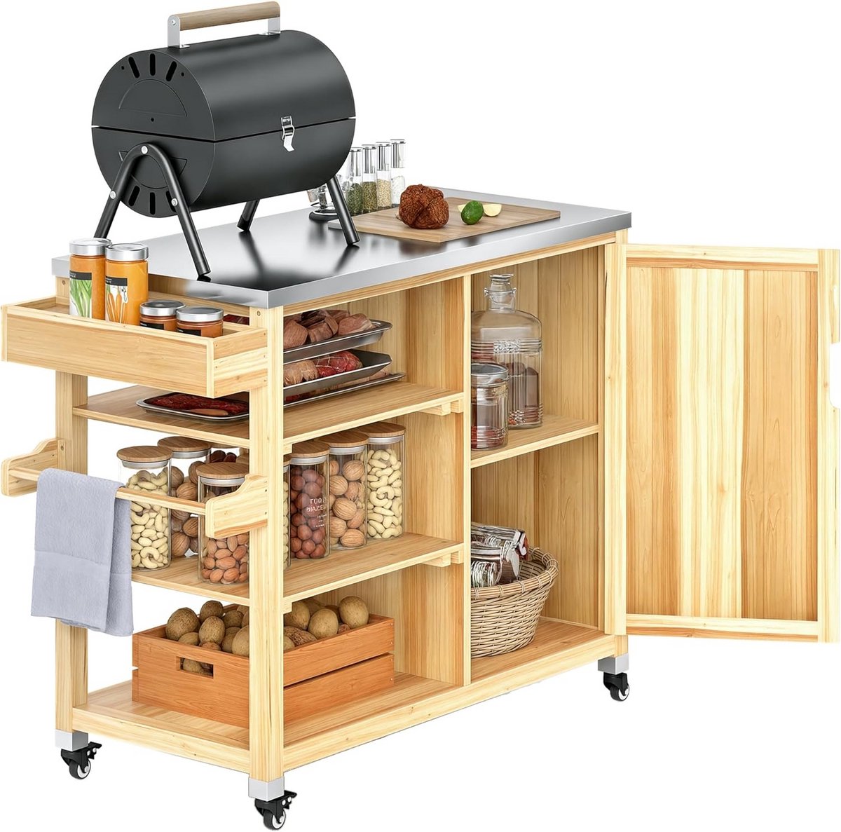 Houten Buitenkeuken Trolley met RVS Werkblad en Opbergruimte