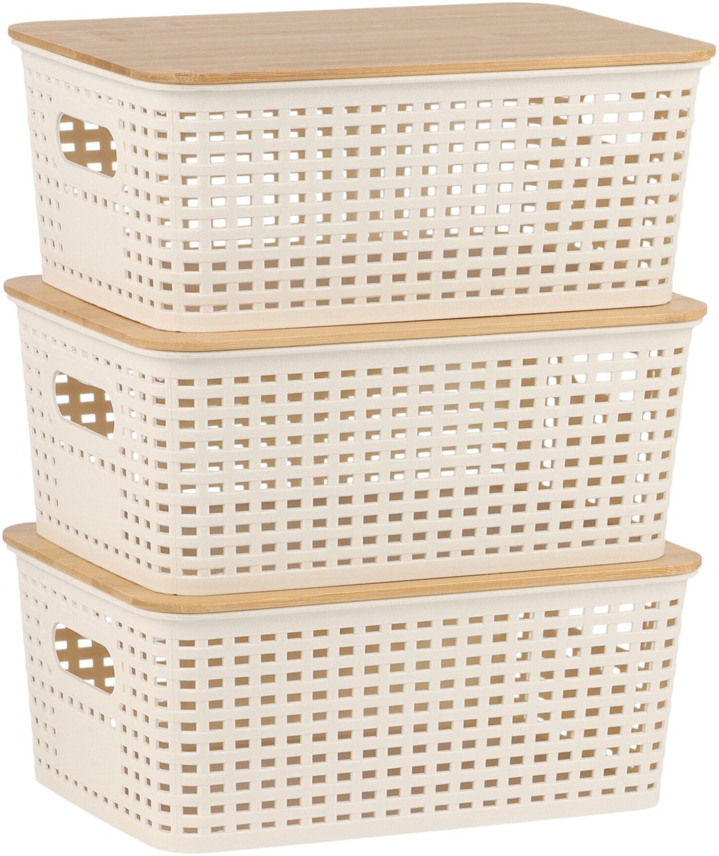Opbergbox - 25,5x10,5x18 cm - wit en naturel - 3 stuks