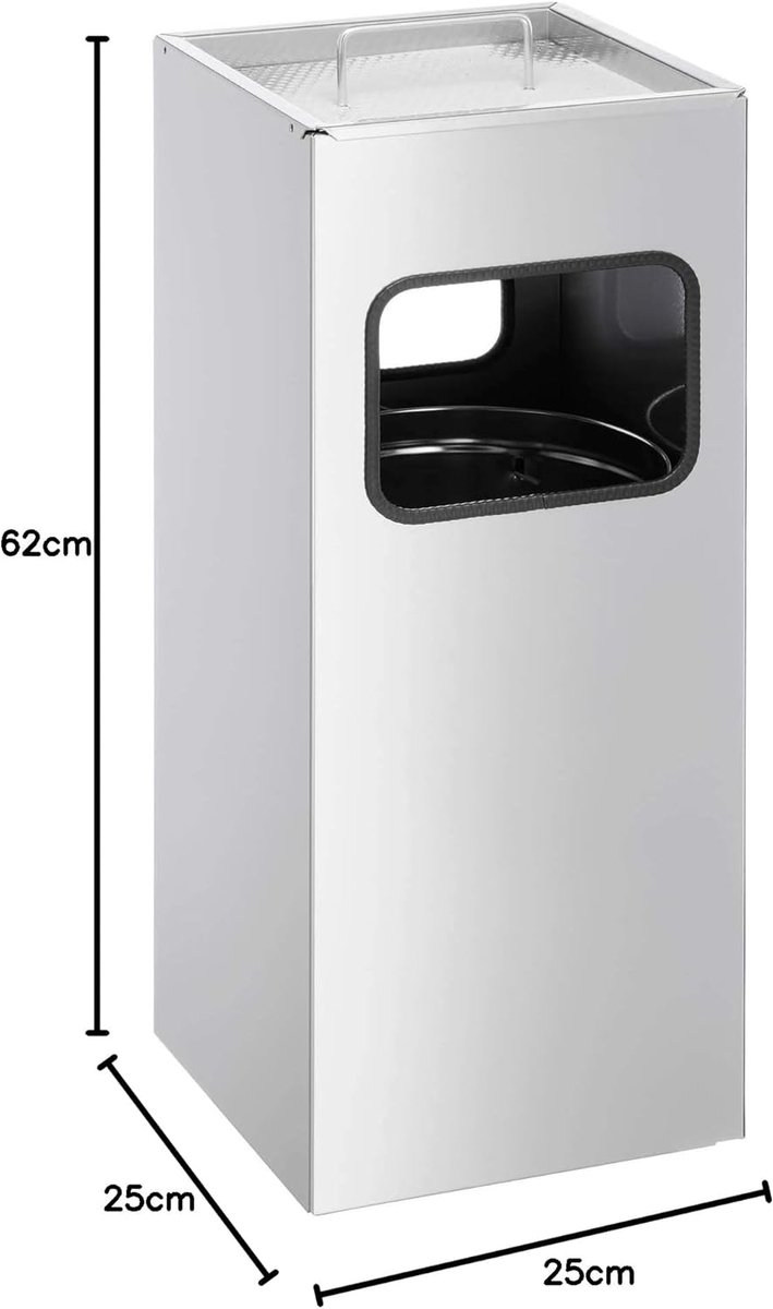 Prullenbak met Asbak – House&Garden 17L Vierkante Afvalemmer met Uitneembare Binnenemmer en 2L Asbak, Zilver, Stijlvol en Duurzaam – Voor Kantoor, Werkplek en Openbare Ruimtes