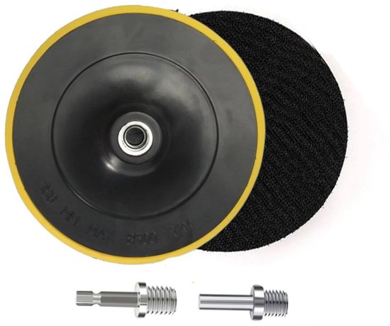 Een gele en zwarte polijstschijf met klittenband en twee M14-adapters, met afmetingen en max. RPM 3500.