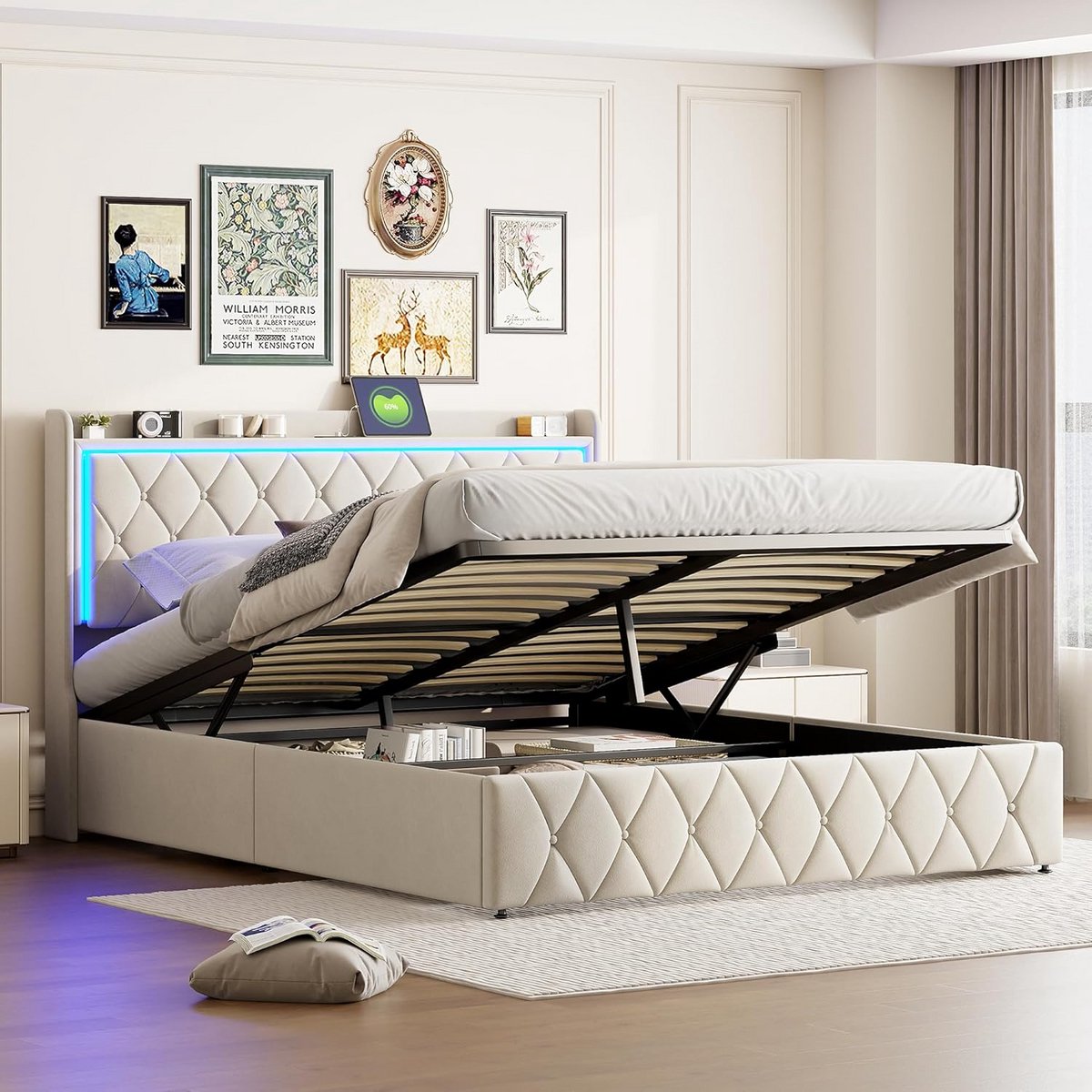 Tweepersoons Bed 160x200 cm Gestoffeerd Beige Hoofdbord met USB en Opbergruimte